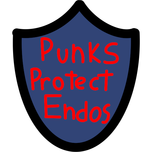  A drawing of a blue shield with a black outline on the shield in bright red text is the phrase punks protect endos